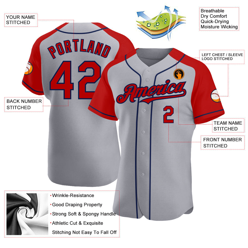 Custom Gray Red-Navy Authentic Raglan Sleeves Baseball Jersey baseball jersey product view 3