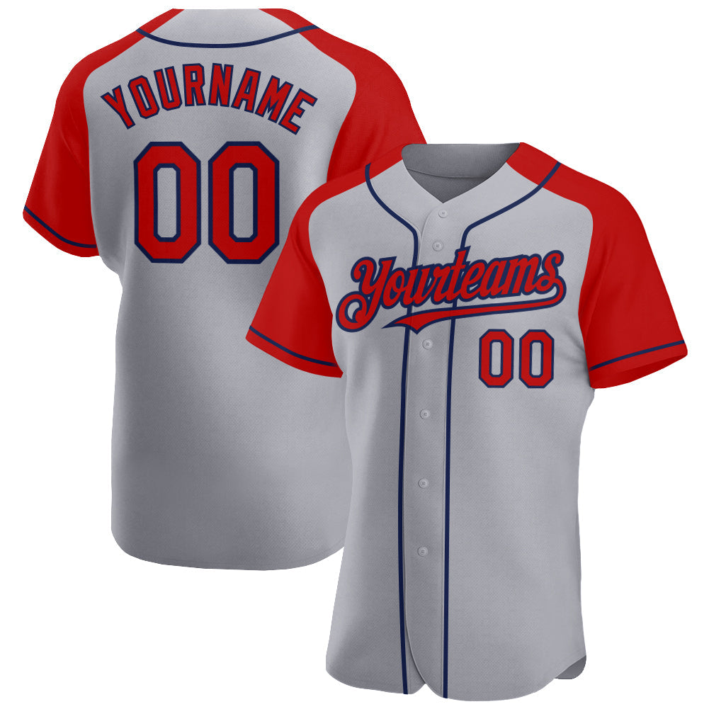 Custom Gray Red-Navy Authentic Raglan Sleeves Baseball Jersey baseball jersey product view 1
