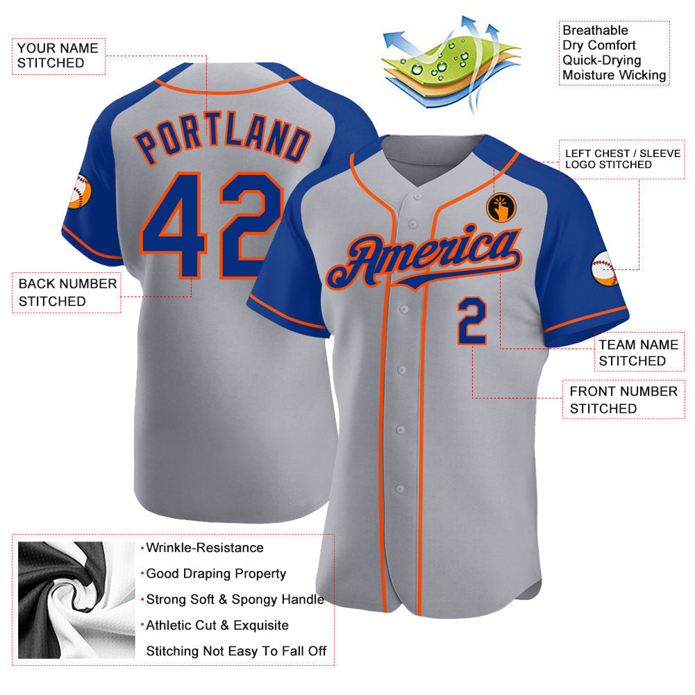 Custom Gray Royal-Orange Authentic Raglan Sleeves Baseball Jersey baseball jersey product view 3