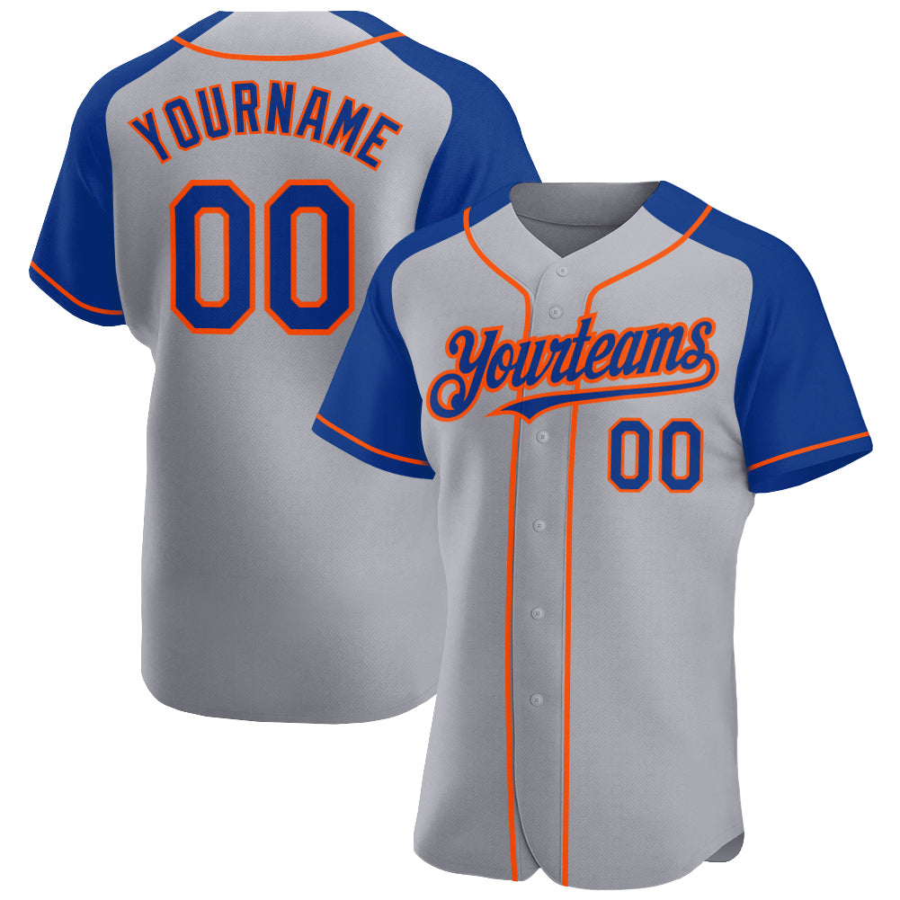 Custom Gray Royal-Orange Authentic Raglan Sleeves Baseball Jersey baseball jersey product view 1
