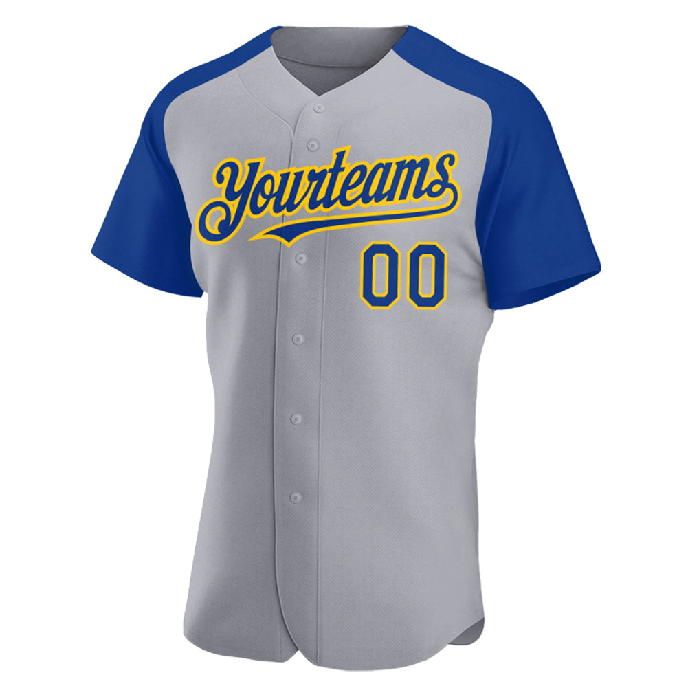 Custom Gray Royal-Yellow Authentic Raglan Sleeves Baseball Jersey baseball jersey product view 2