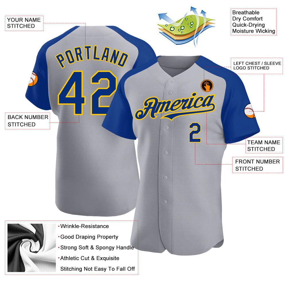 Custom Gray Royal-Yellow Authentic Raglan Sleeves Baseball Jersey baseball jersey product view 3