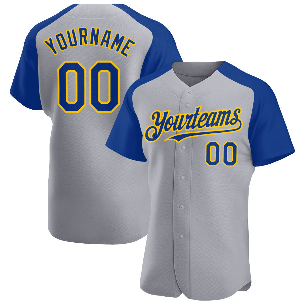 Custom Gray Royal-Yellow Authentic Raglan Sleeves Baseball Jersey baseball jersey product view 1