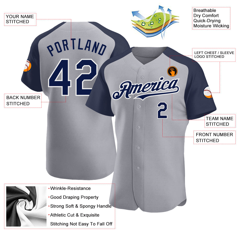 Custom Gray Navy-White Authentic Raglan Sleeves Baseball Jersey baseball jersey product view 3