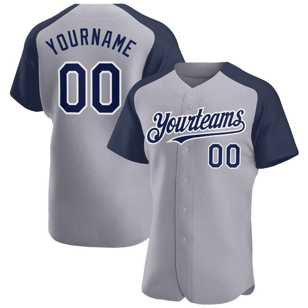 Custom Gray Navy-White Authentic Raglan Sleeves Baseball Jersey baseball jersey product view 1
