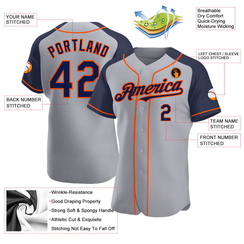 Custom Gray Navy-Orange Authentic Raglan Sleeves Baseball Jersey baseball jersey product view 3