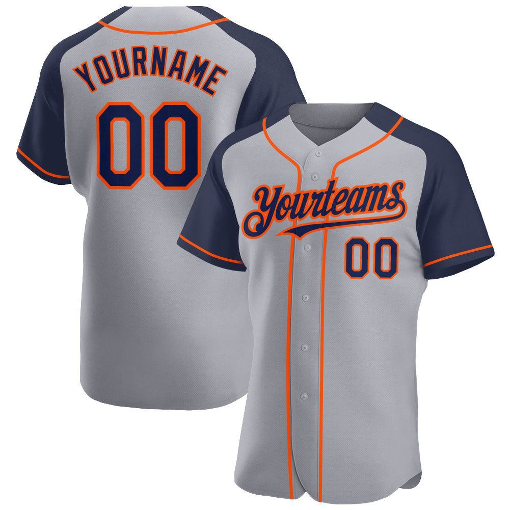 Custom Gray Navy-Orange Authentic Raglan Sleeves Baseball Jersey baseball jersey product view 1