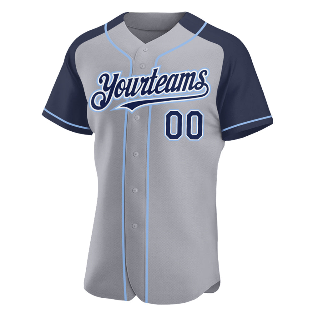 Custom Gray Navy-Light Blue Authentic Raglan Sleeves Baseball Jersey baseball jersey product view 2