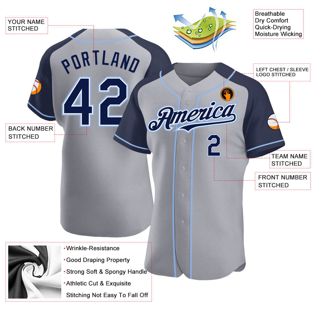 Custom Gray Navy-Light Blue Authentic Raglan Sleeves Baseball Jersey baseball jersey product view 3