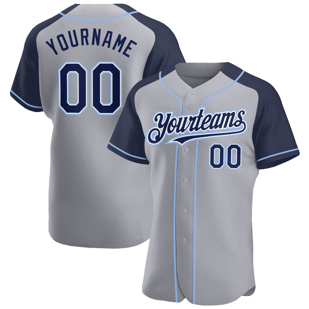 Custom Gray Navy-Light Blue Authentic Raglan Sleeves Baseball Jersey baseball jersey product view 1