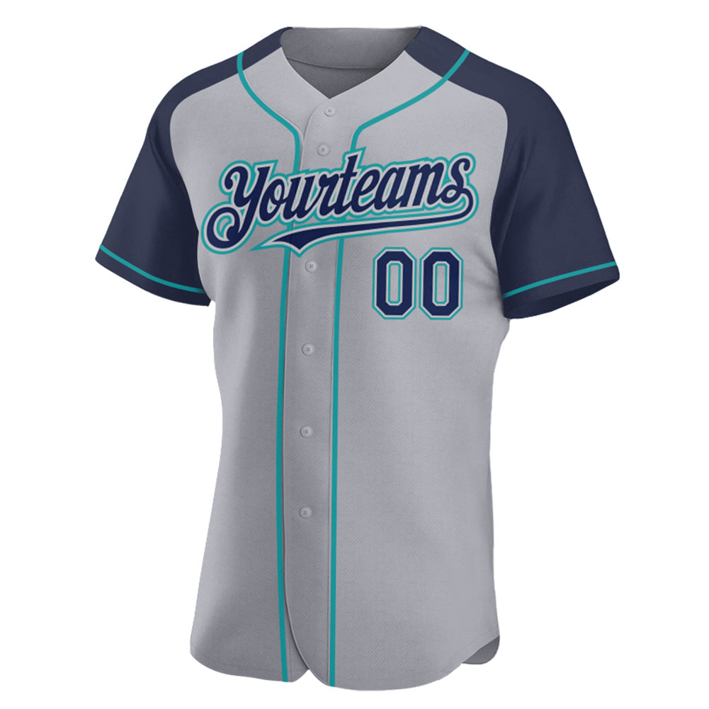 Custom Gray Navy-Teal Authentic Raglan Sleeves Baseball Jersey baseball jersey product view 2