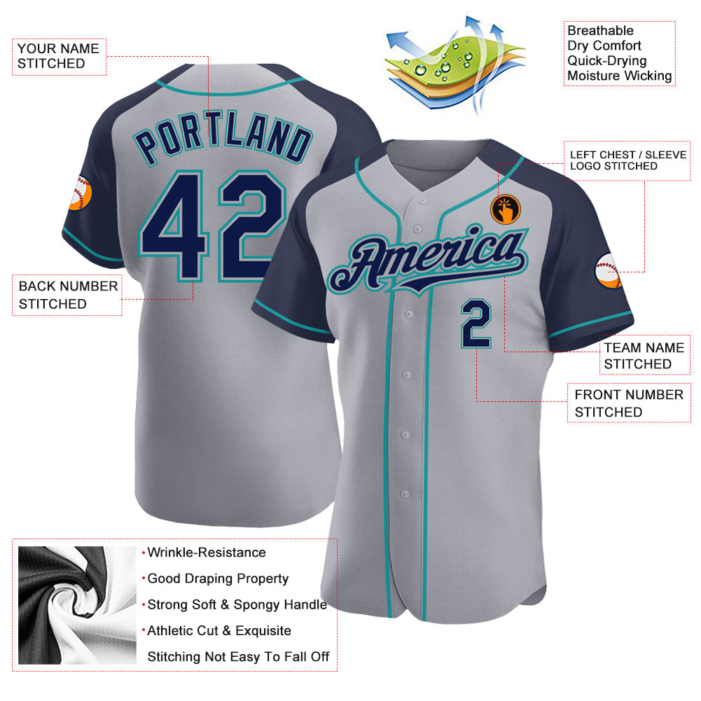 Custom Gray Navy-Teal Authentic Raglan Sleeves Baseball Jersey baseball jersey product view 3