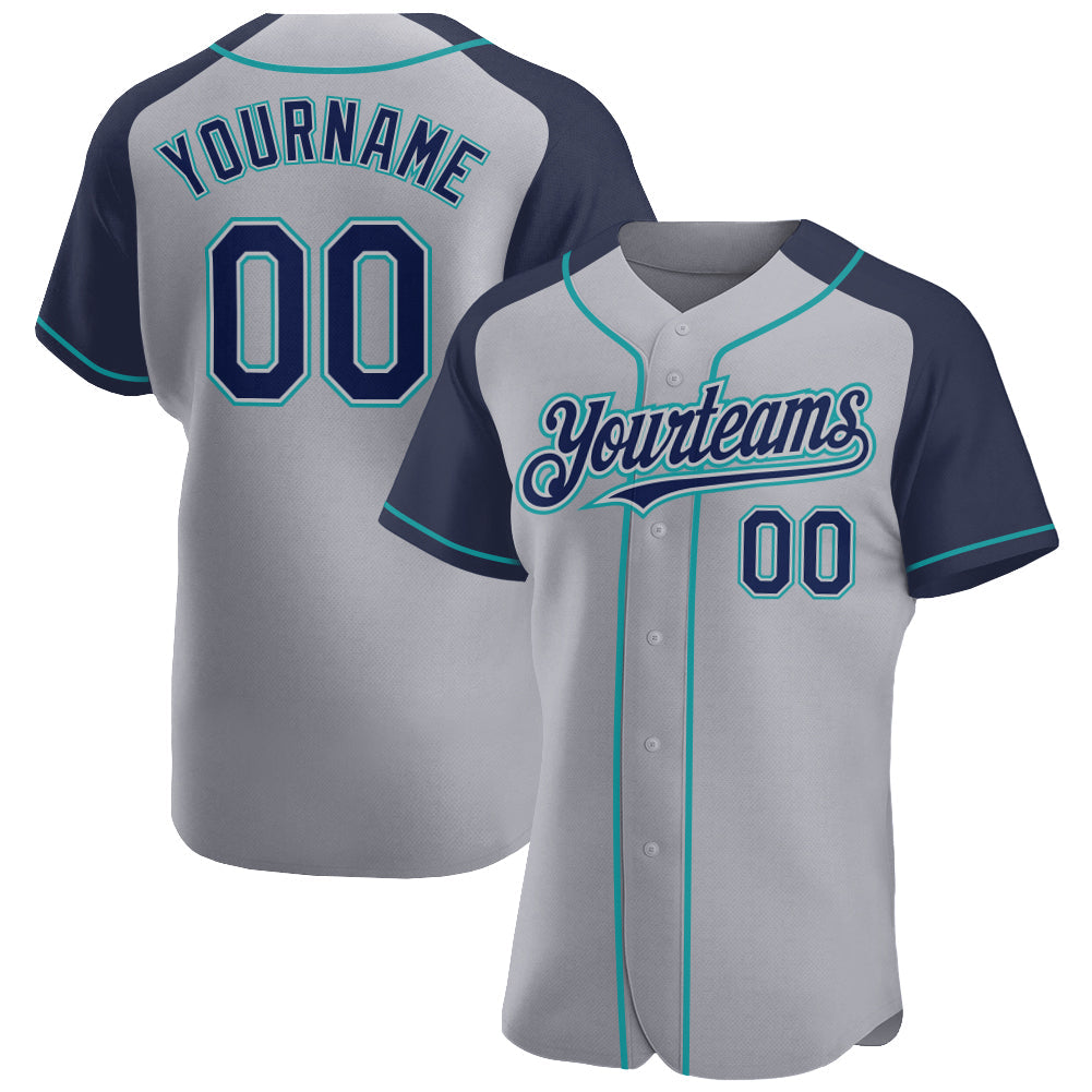 Custom Gray Navy-Teal Authentic Raglan Sleeves Baseball Jersey baseball jersey product view 1