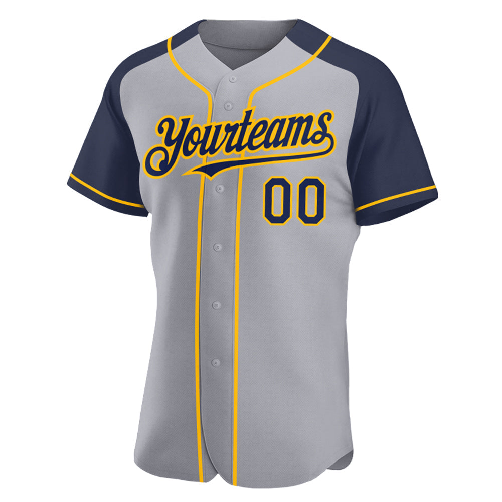 Custom Gray Navy-Gold Authentic Raglan Sleeves Baseball Jersey baseball jersey product view 2