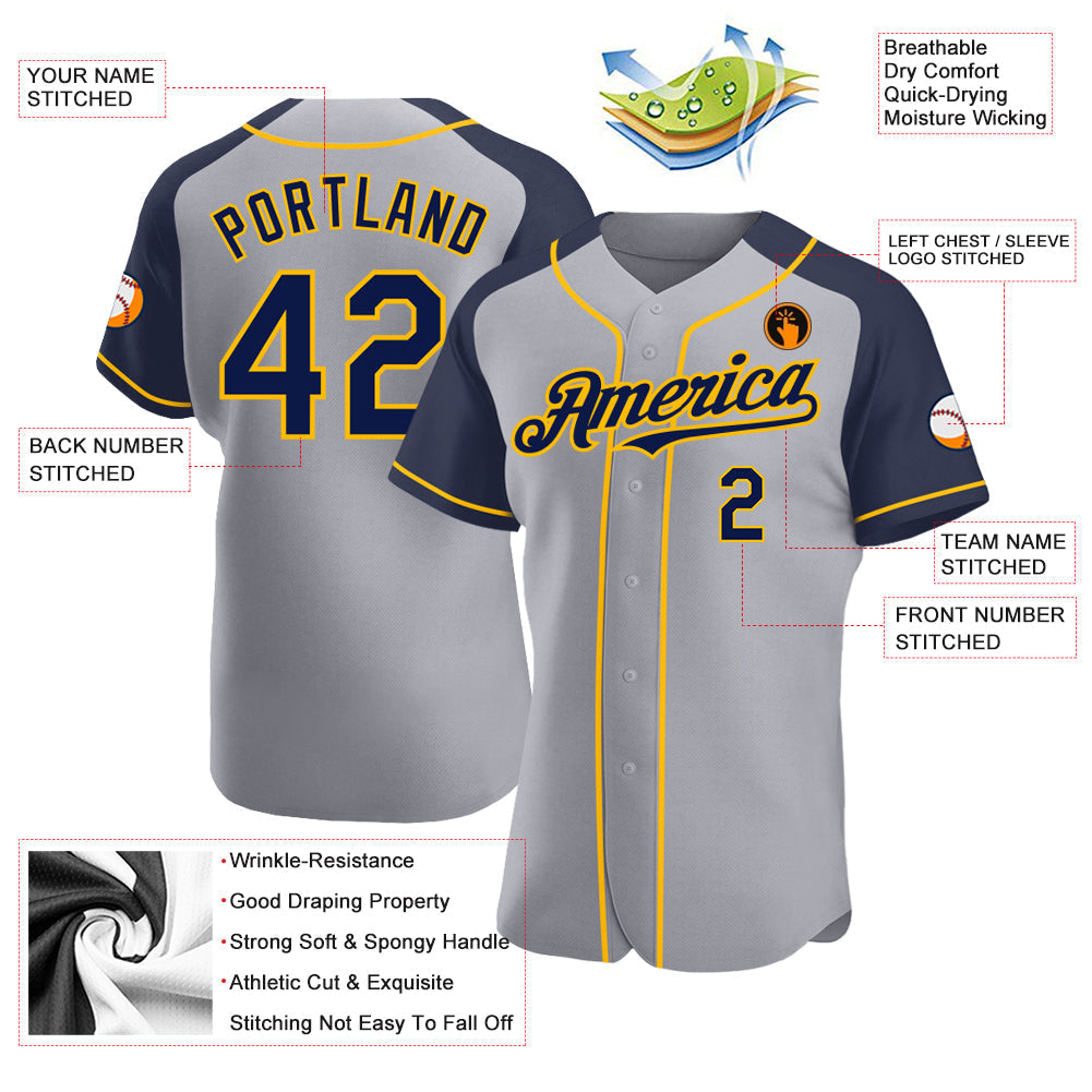 Custom Gray Navy-Gold Authentic Raglan Sleeves Baseball Jersey baseball jersey product view 3
