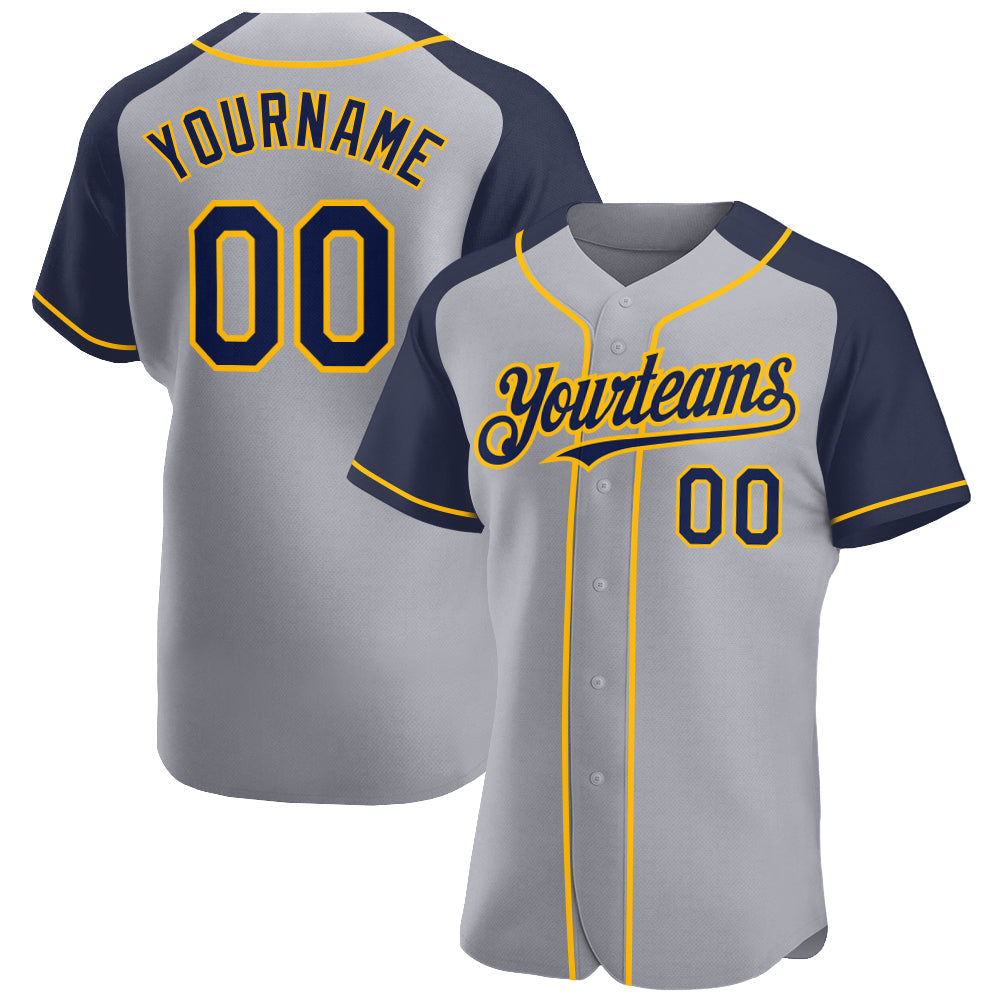 Custom Gray Navy-Gold Authentic Raglan Sleeves Baseball Jersey baseball jersey product view 1