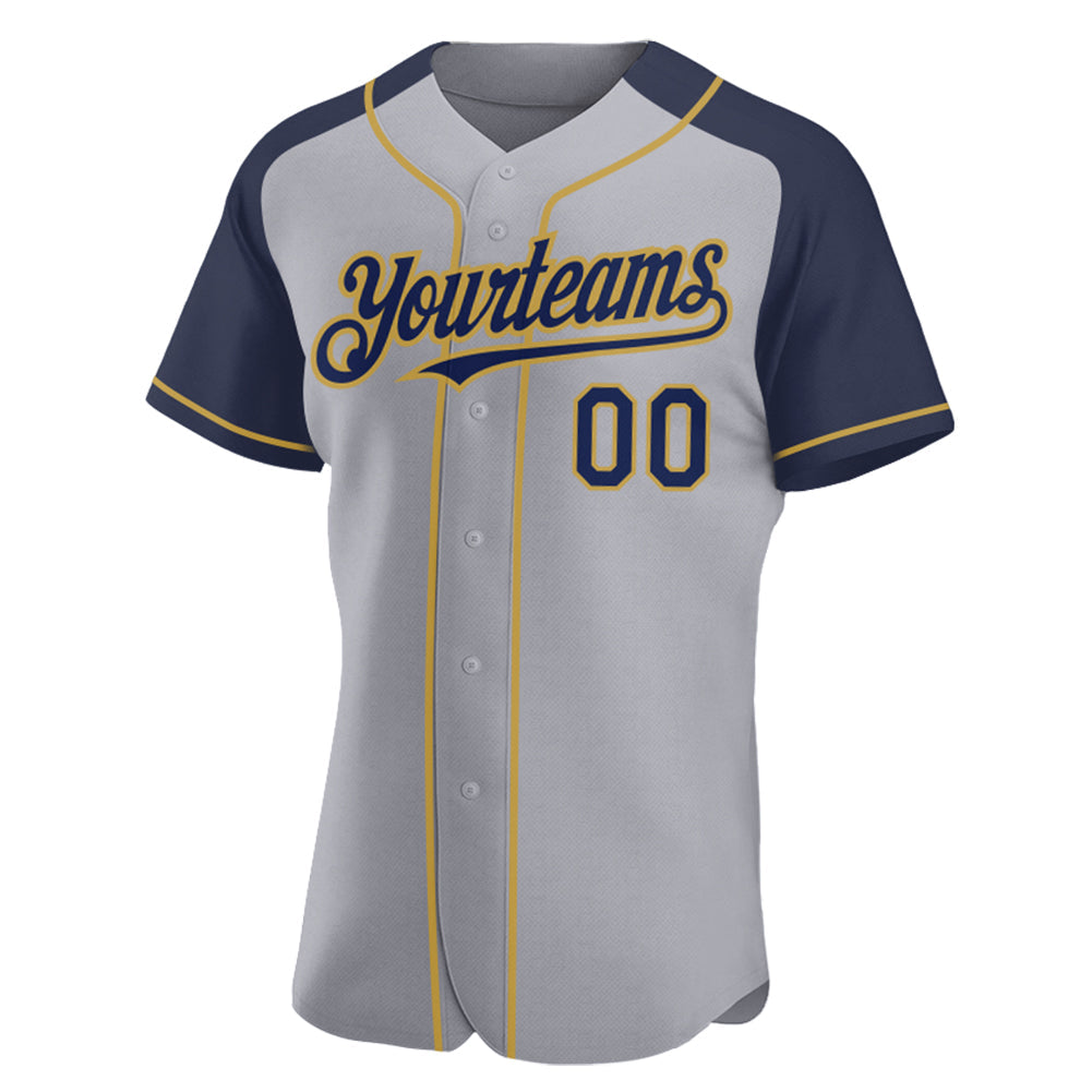 Custom Gray Navy-Old Gold Authentic Raglan Sleeves Baseball Jersey baseball jersey product view 2