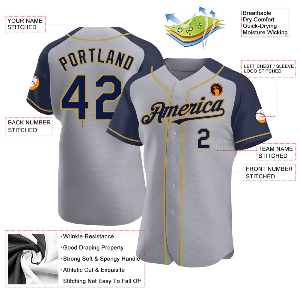 Custom Gray Navy-Old Gold Authentic Raglan Sleeves Baseball Jersey baseball jersey product view 3