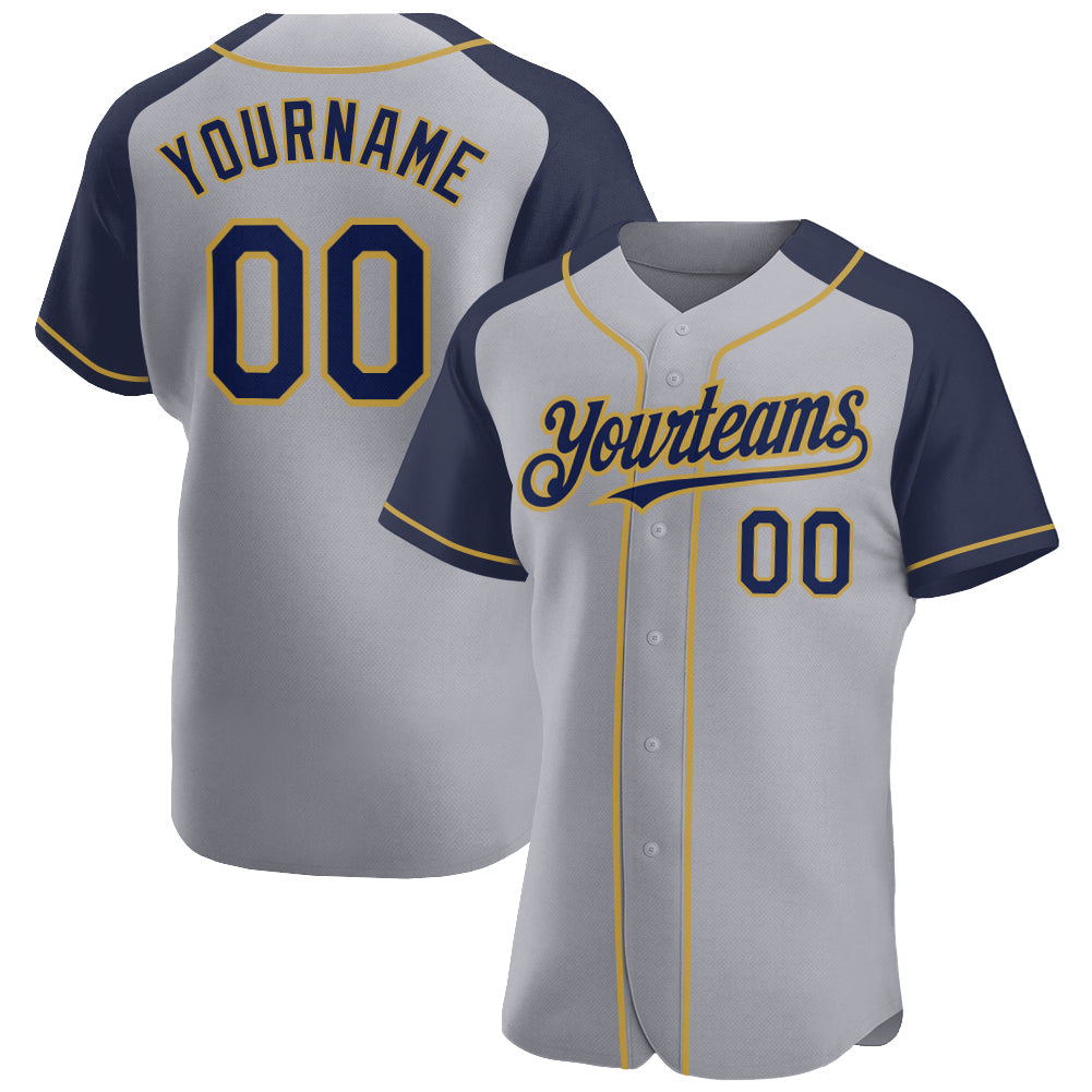 Custom Gray Navy-Old Gold Authentic Raglan Sleeves Baseball Jersey baseball jersey product view 1