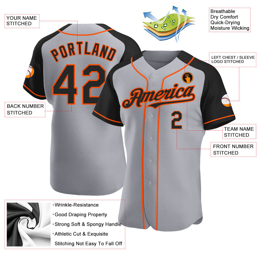 Custom Gray Black-Orange Authentic Raglan Sleeves Baseball Jersey baseball jersey product view 3