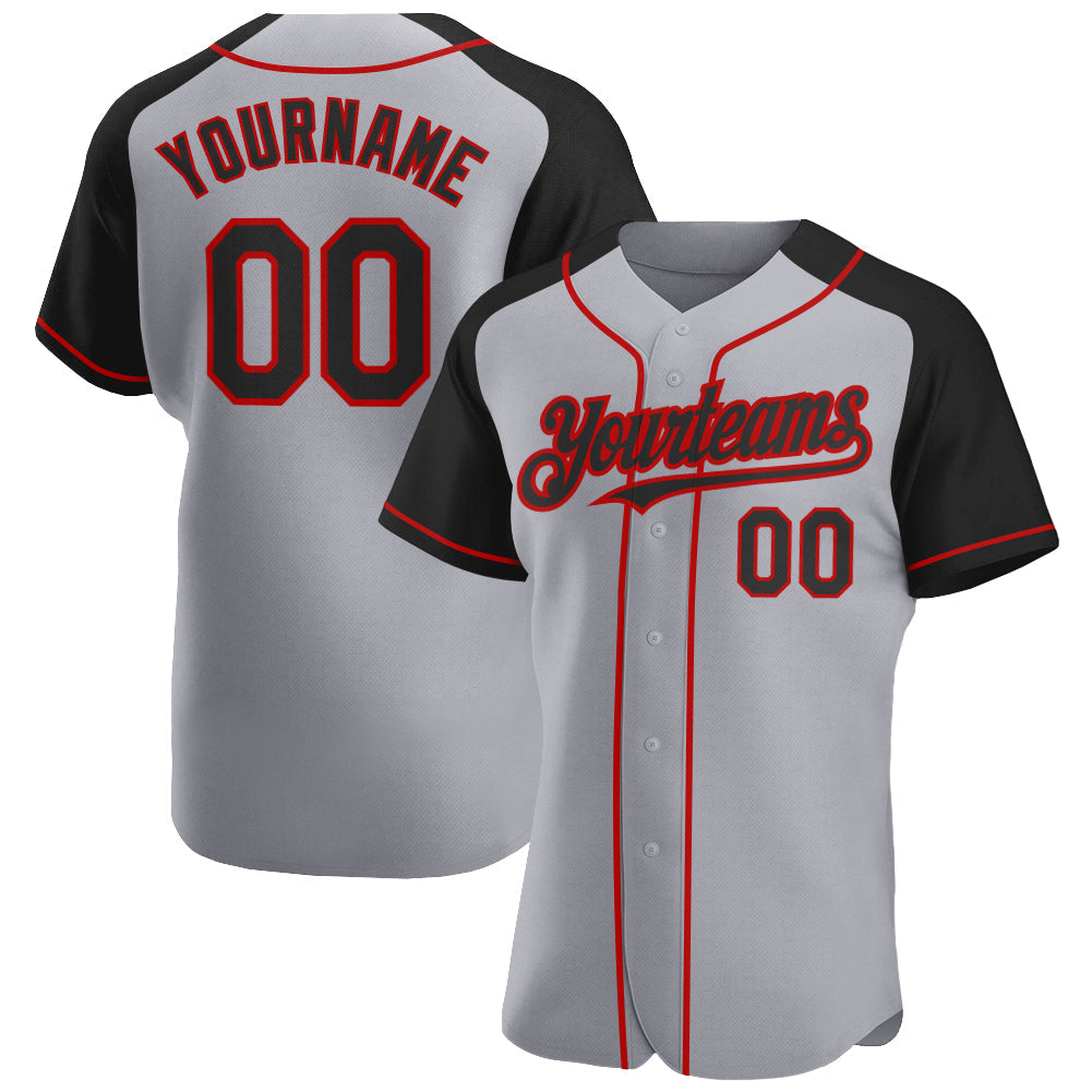 Custom Gray Black-Red Authentic Raglan Sleeves Baseball Jersey baseball jersey product view 1