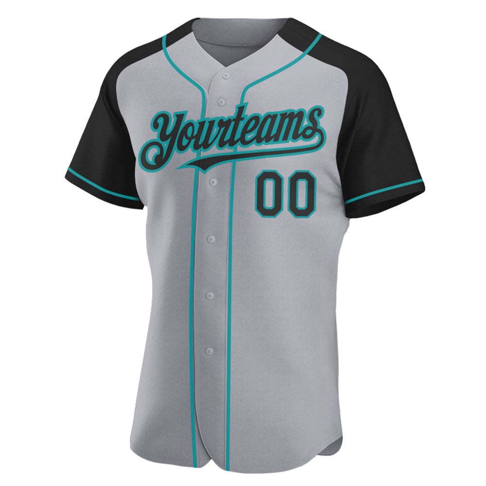 Custom Gray Black-Teal Authentic Raglan Sleeves Baseball Jersey baseball jersey product view 2