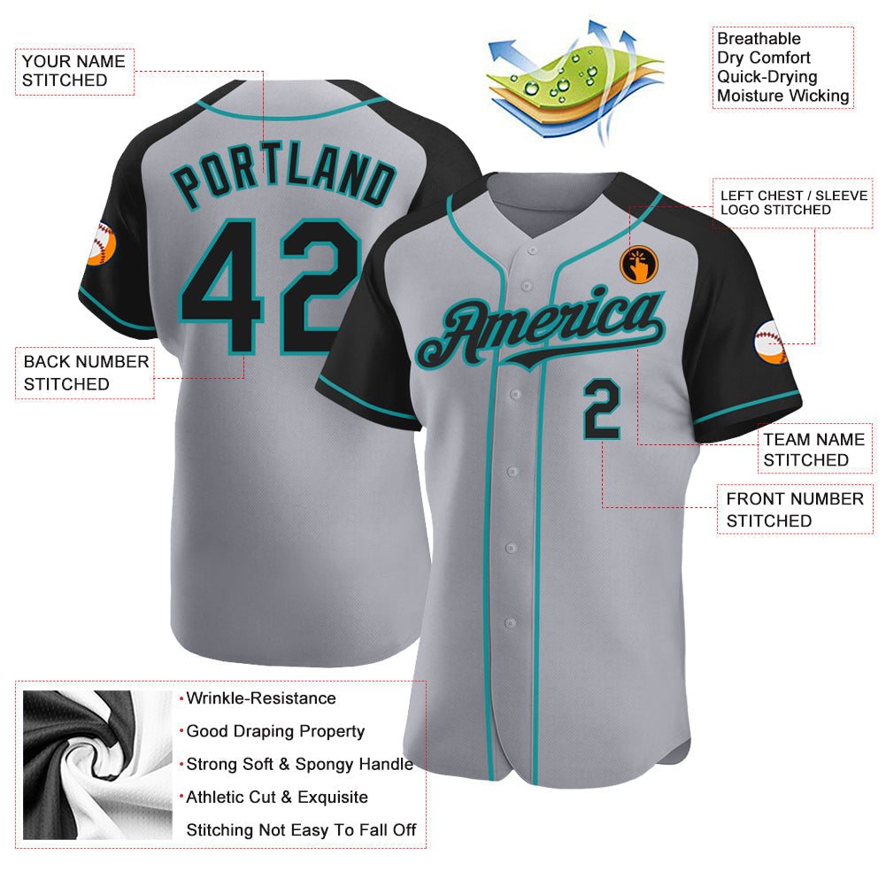 Custom Gray Black-Teal Authentic Raglan Sleeves Baseball Jersey baseball jersey product view 3