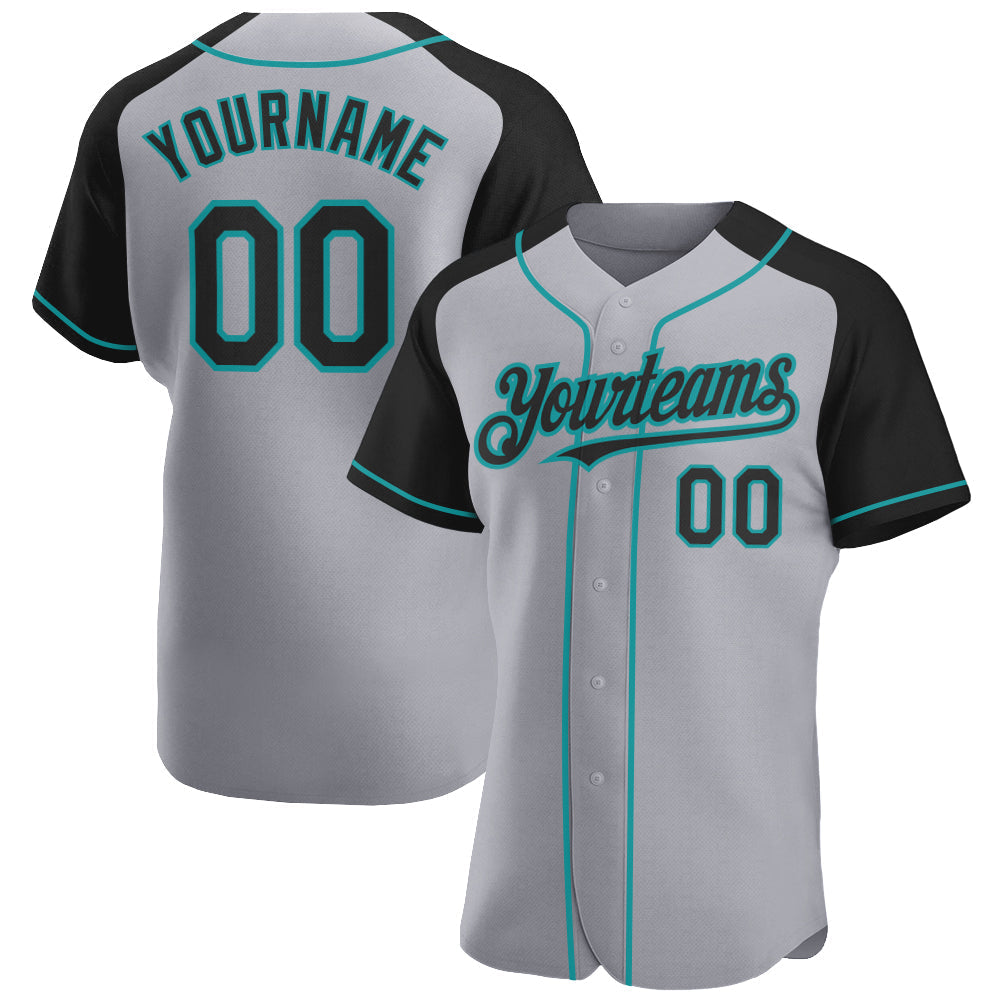 Custom Gray Black-Teal Authentic Raglan Sleeves Baseball Jersey baseball jersey product view 1