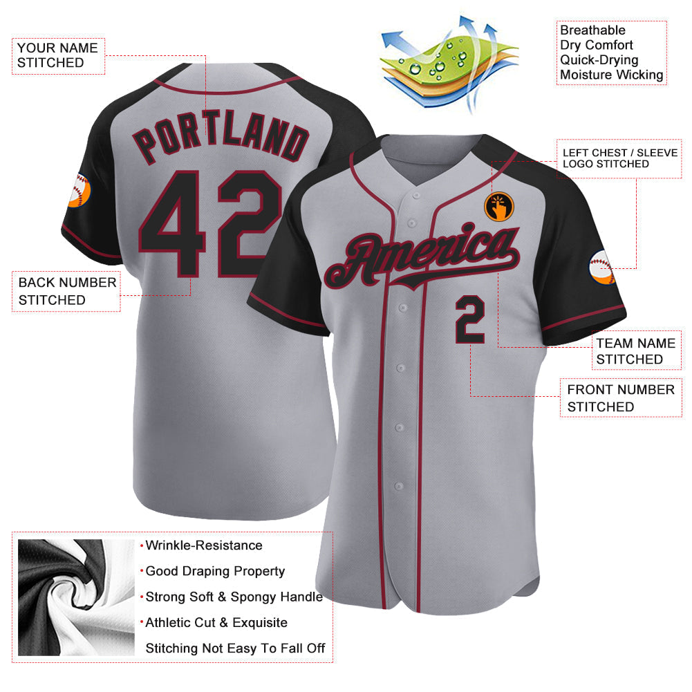 Custom Gray Black-Crimson Authentic Raglan Sleeves Baseball Jersey baseball jersey product view 3