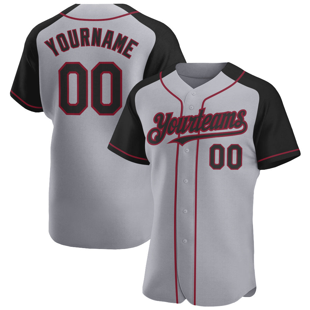 Custom Gray Black-Crimson Authentic Raglan Sleeves Baseball Jersey baseball jersey product view 1
