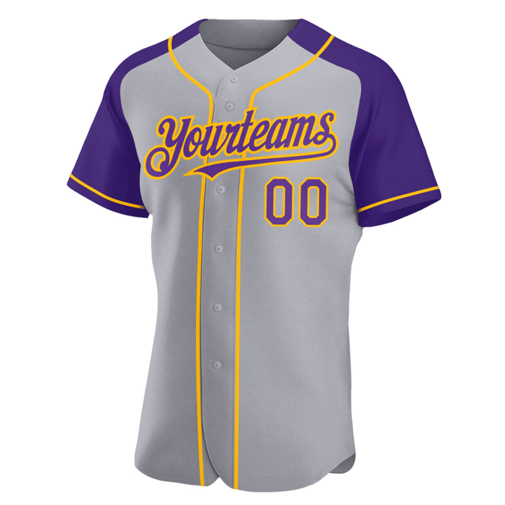 Custom Gray Purple-Gold Authentic Raglan Sleeves Baseball Jersey baseball jersey product view 2