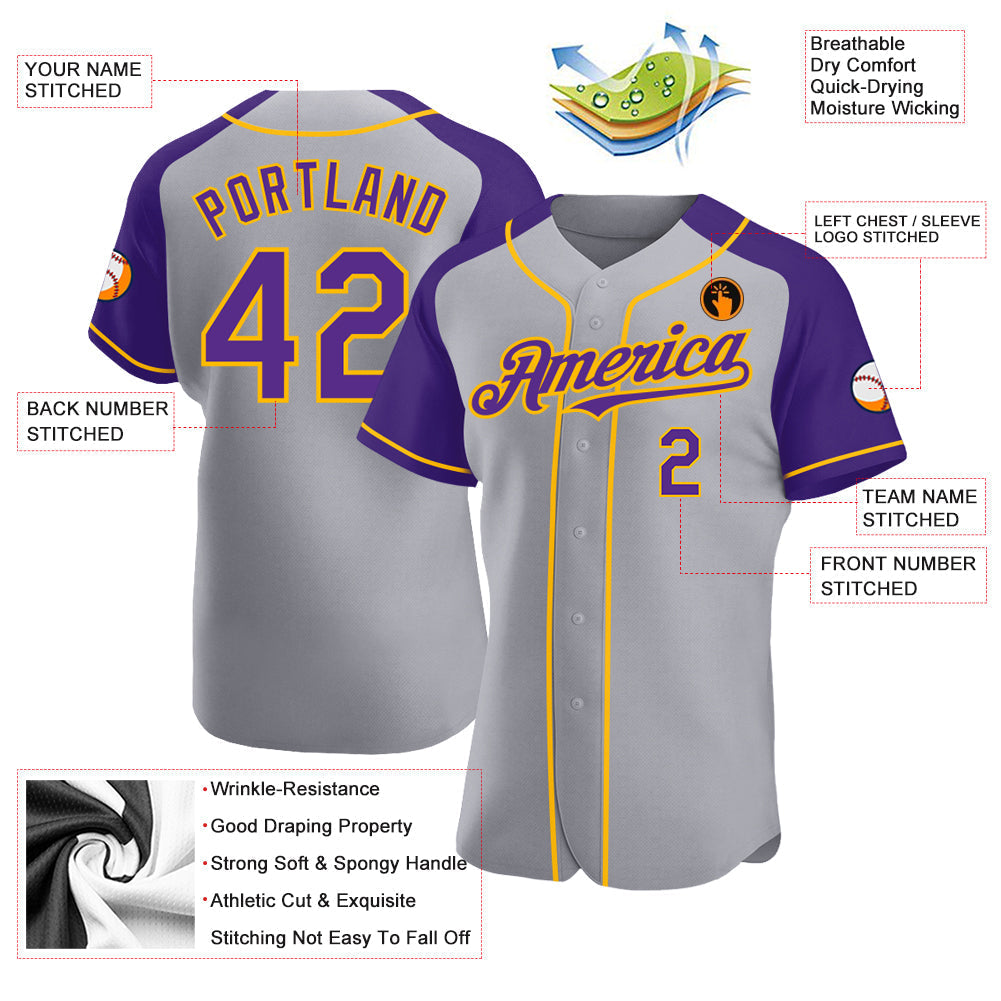 Custom Gray Purple-Gold Authentic Raglan Sleeves Baseball Jersey baseball jersey product view 3