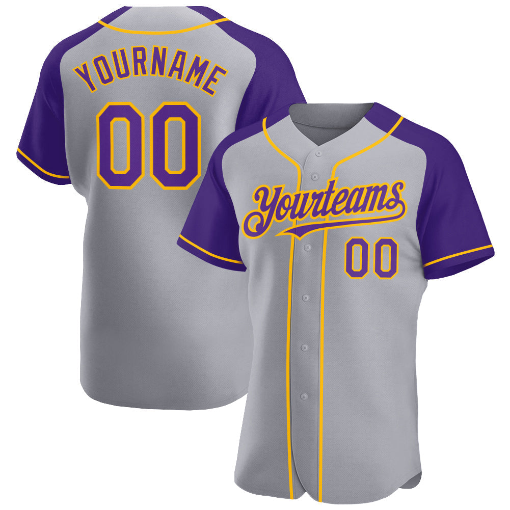 Custom Gray Purple-Gold Authentic Raglan Sleeves Baseball Jersey baseball jersey product view 1