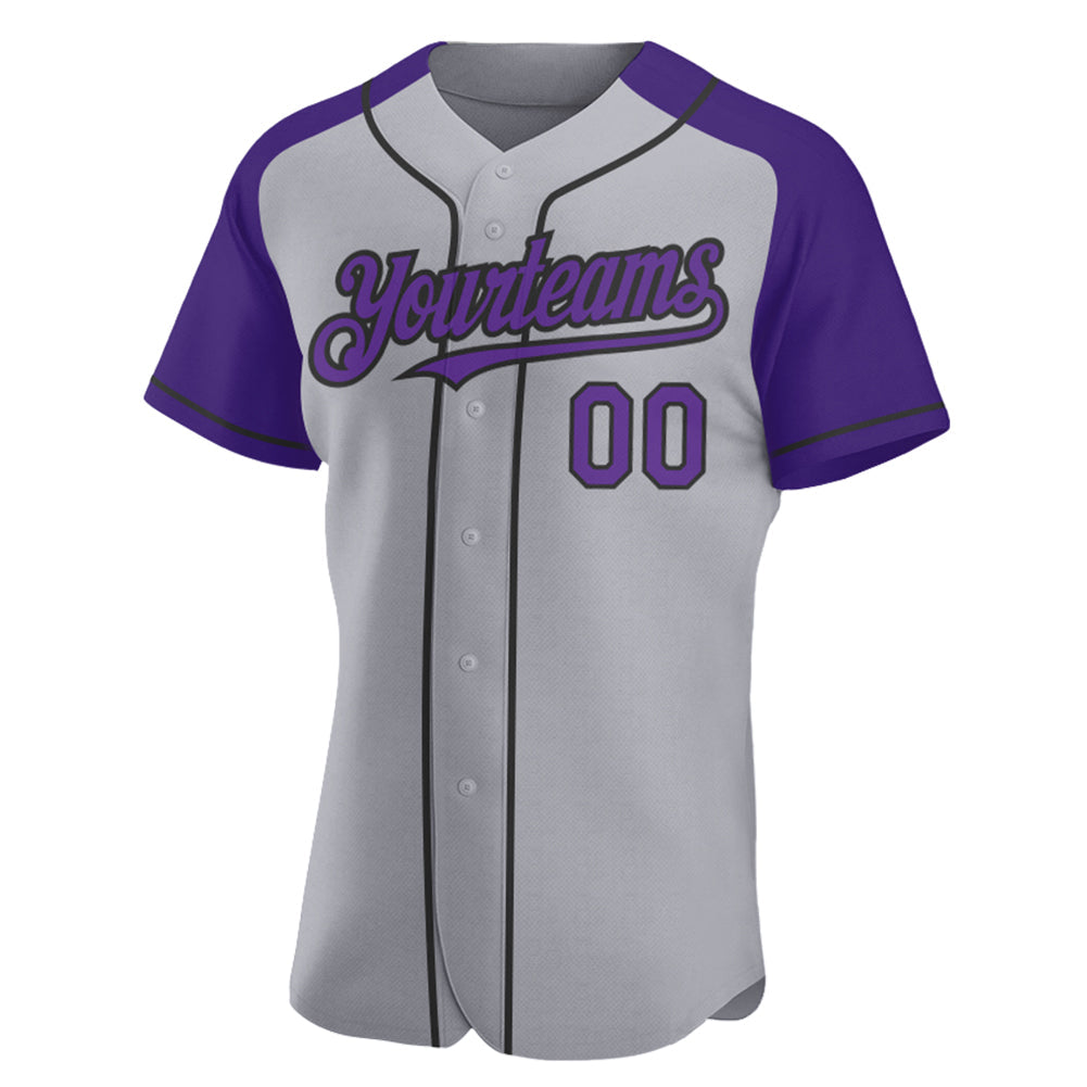 Custom Gray Purple-Black Authentic Raglan Sleeves Baseball Jersey baseball jersey product view 2