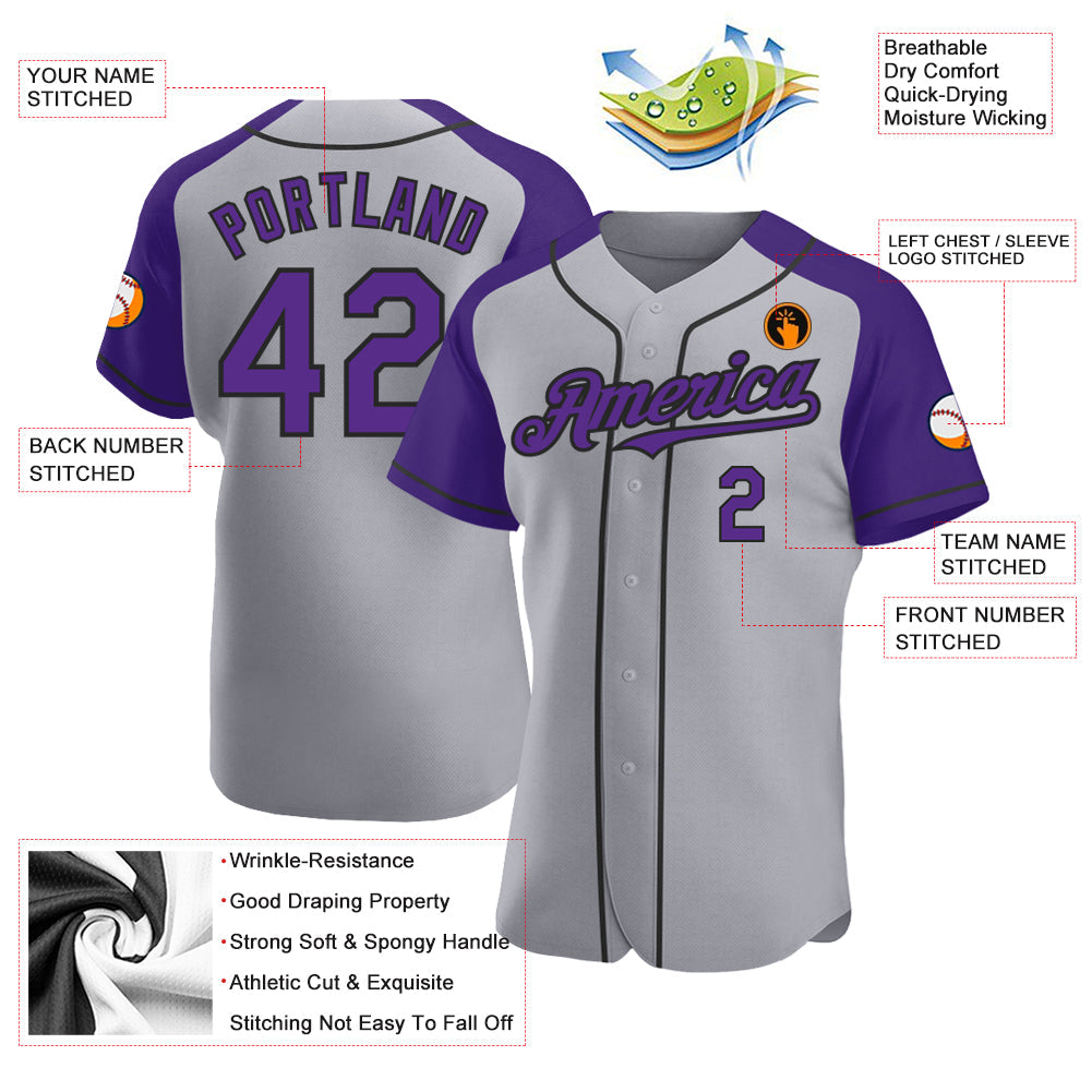 Custom Gray Purple-Black Authentic Raglan Sleeves Baseball Jersey baseball jersey product view 3