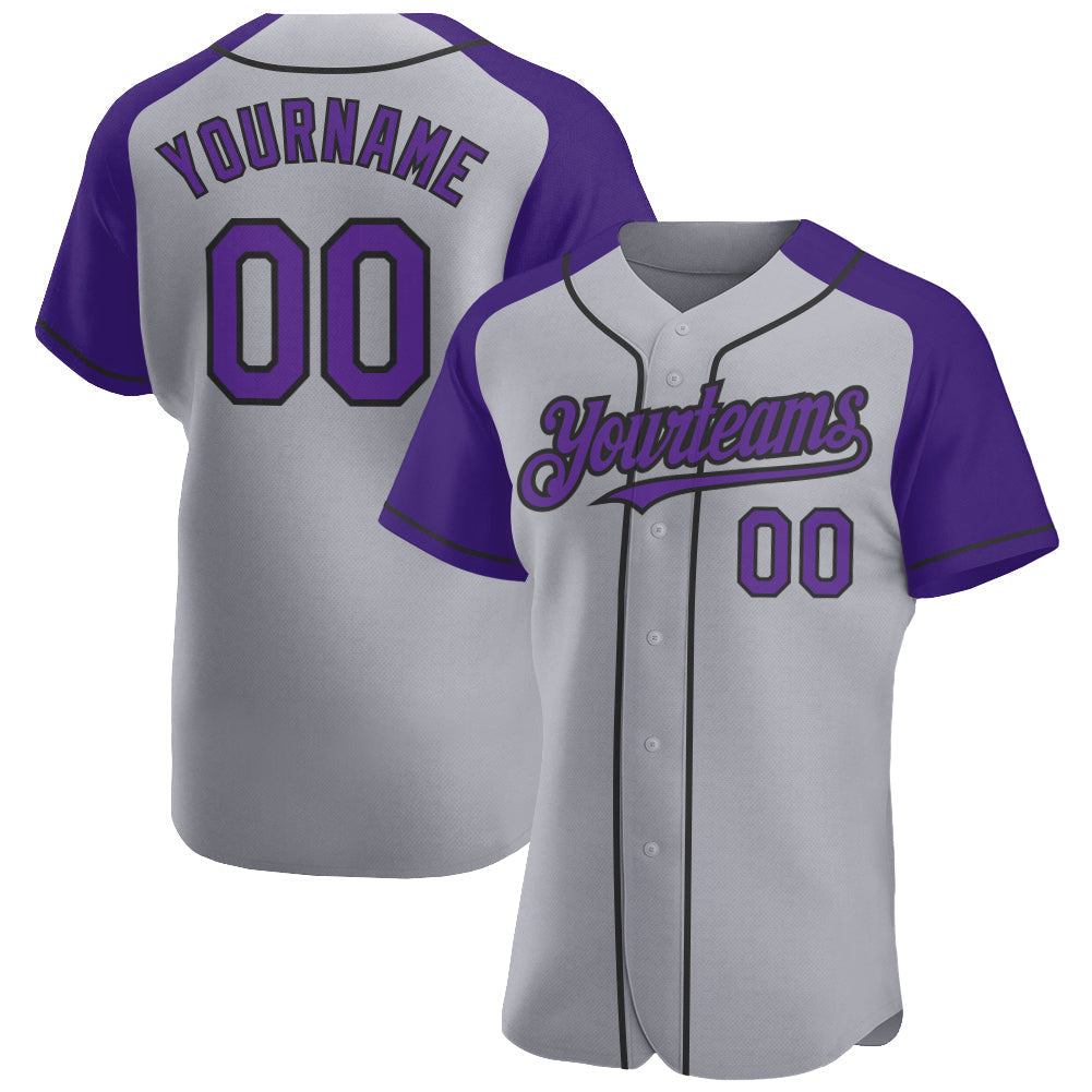 Custom Gray Purple-Black Authentic Raglan Sleeves Baseball Jersey baseball jersey product view 1