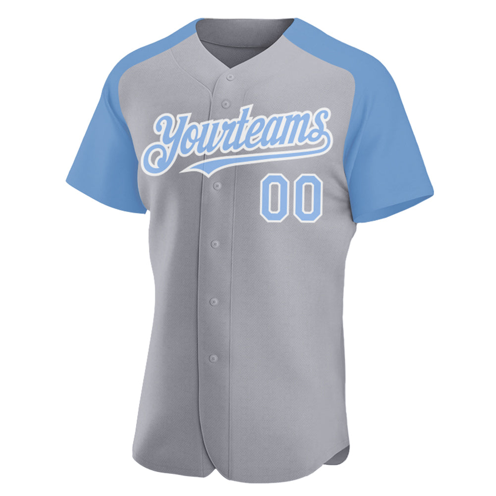 Custom Gray Light Blue-White Authentic Raglan Sleeves Baseball Jersey baseball jersey product view 2