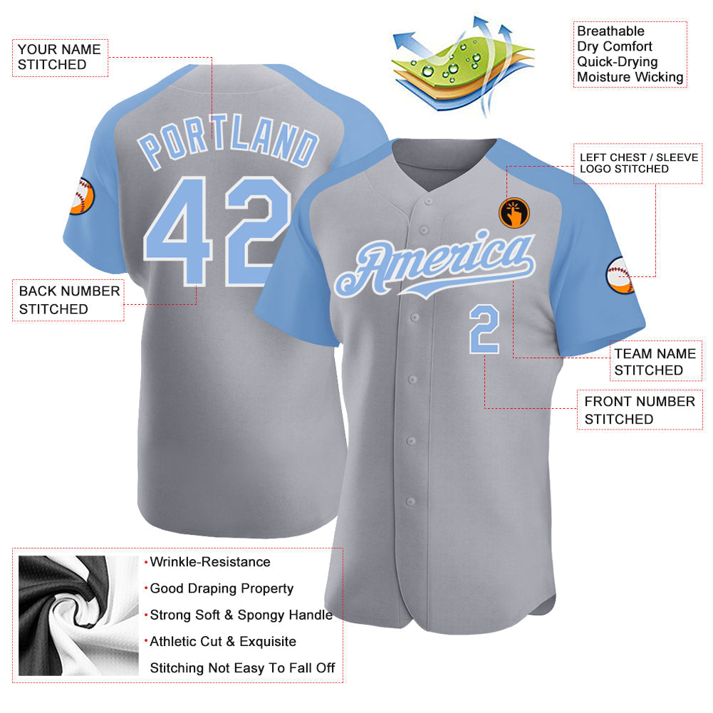 Custom Gray Light Blue-White Authentic Raglan Sleeves Baseball Jersey baseball jersey product view 3