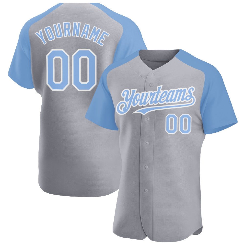 Custom Gray Light Blue-White Authentic Raglan Sleeves Baseball Jersey baseball jersey product view 1