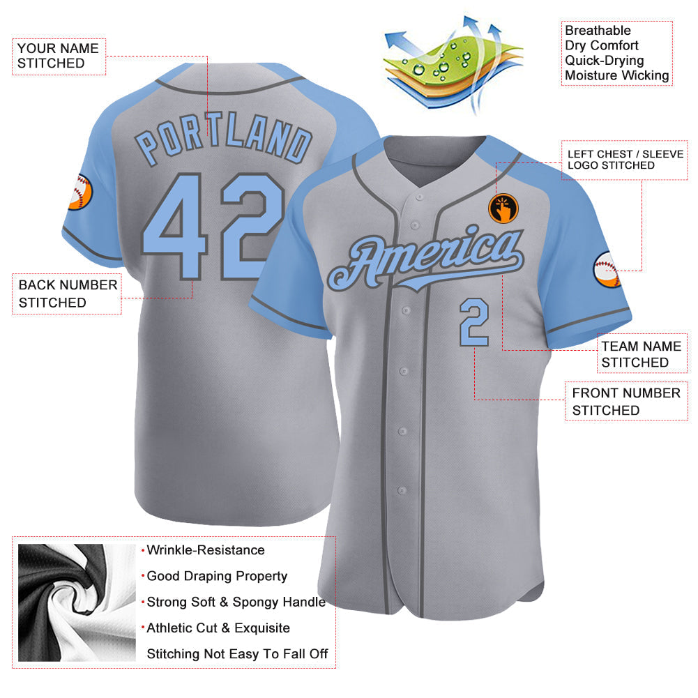 Custom Gray Light Blue-Steel Gray Authentic Raglan Sleeves Baseball Jersey baseball jersey product view 3