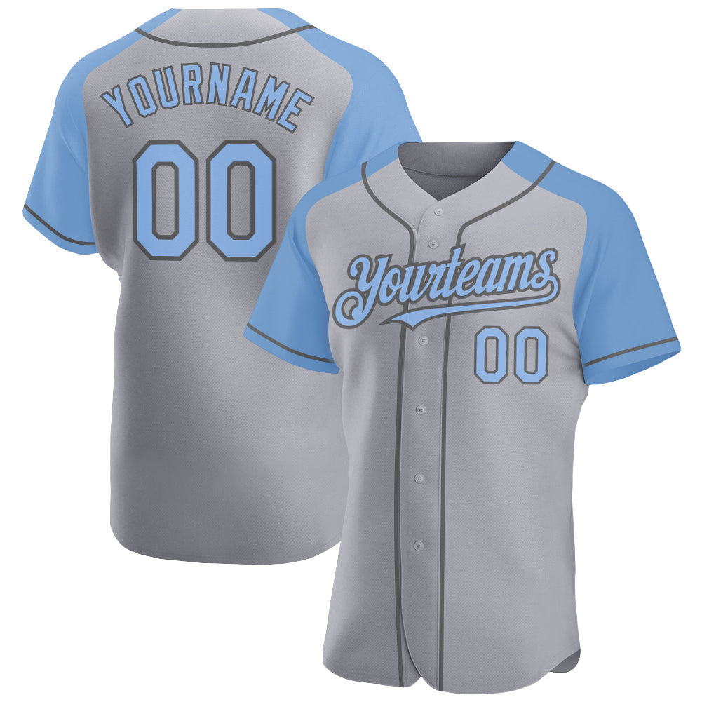 Custom Gray Light Blue-Steel Gray Authentic Raglan Sleeves Baseball Jersey baseball jersey product view 1