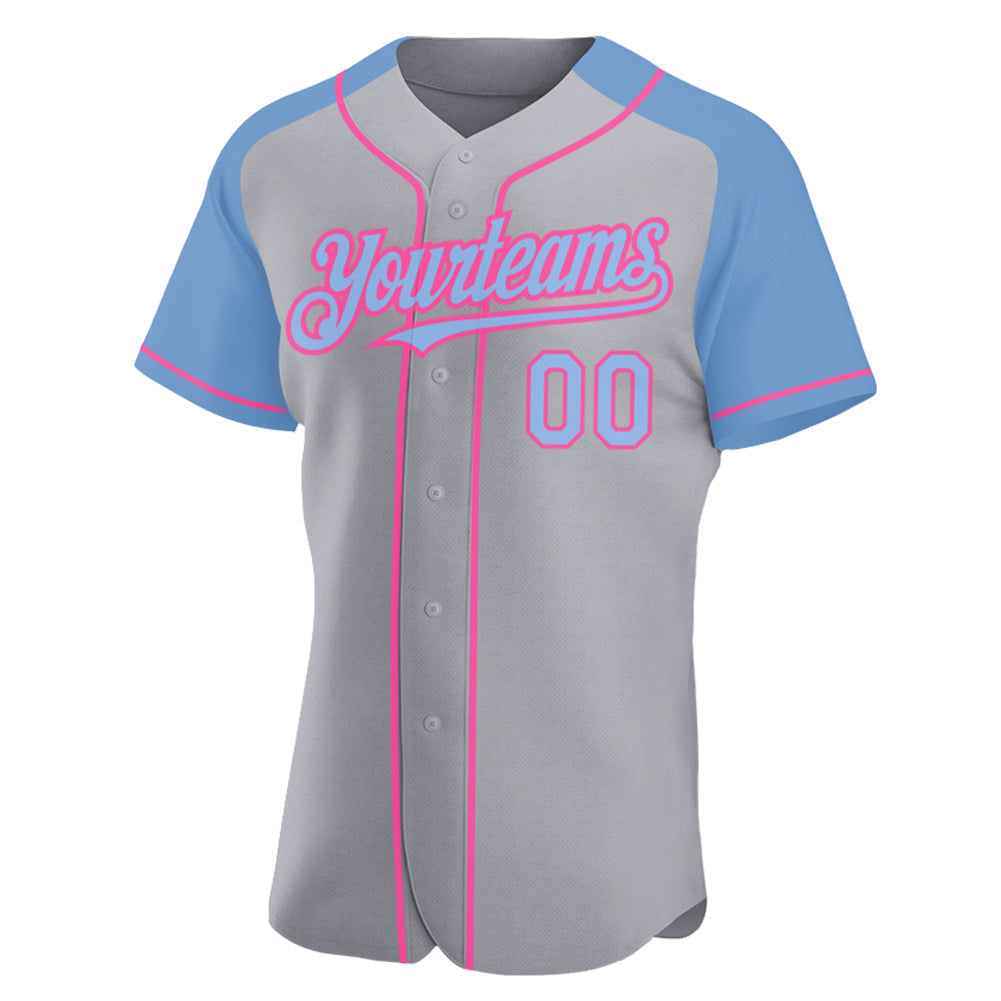 Custom Gray Light Blue-Pink Authentic Raglan Sleeves Baseball Jersey baseball jersey product view 2