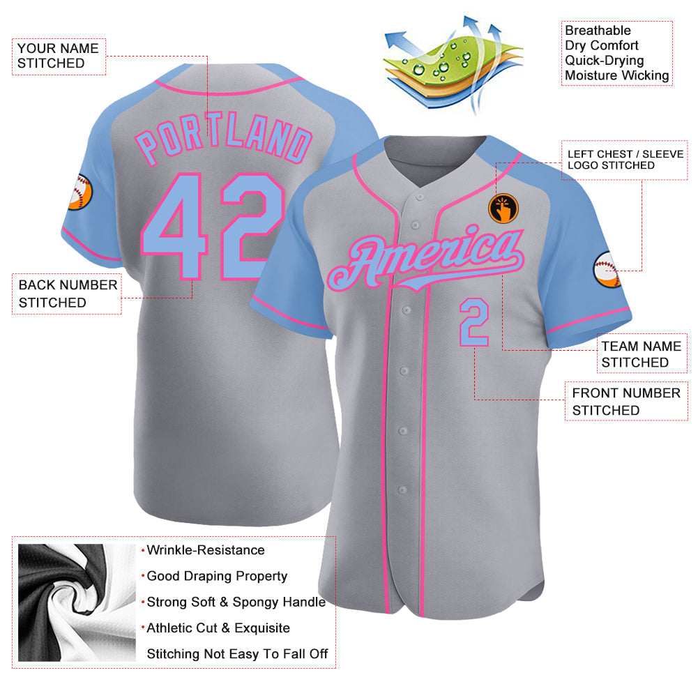 Custom Gray Light Blue-Pink Authentic Raglan Sleeves Baseball Jersey baseball jersey product view 3