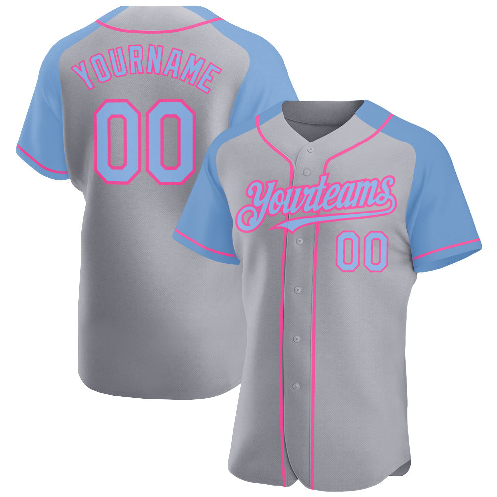 Custom Gray Light Blue-Pink Authentic Raglan Sleeves Baseball Jersey baseball jersey product view 1