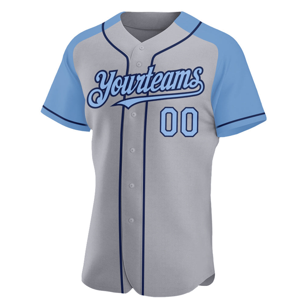 Custom Gray Light Blue-Navy Authentic Raglan Sleeves Baseball Jersey baseball jersey product view 2