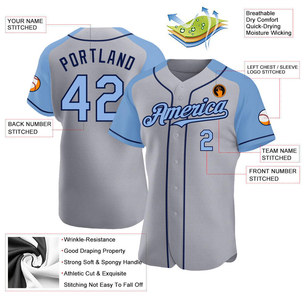 Custom Gray Light Blue-Navy Authentic Raglan Sleeves Baseball Jersey baseball jersey product view 3