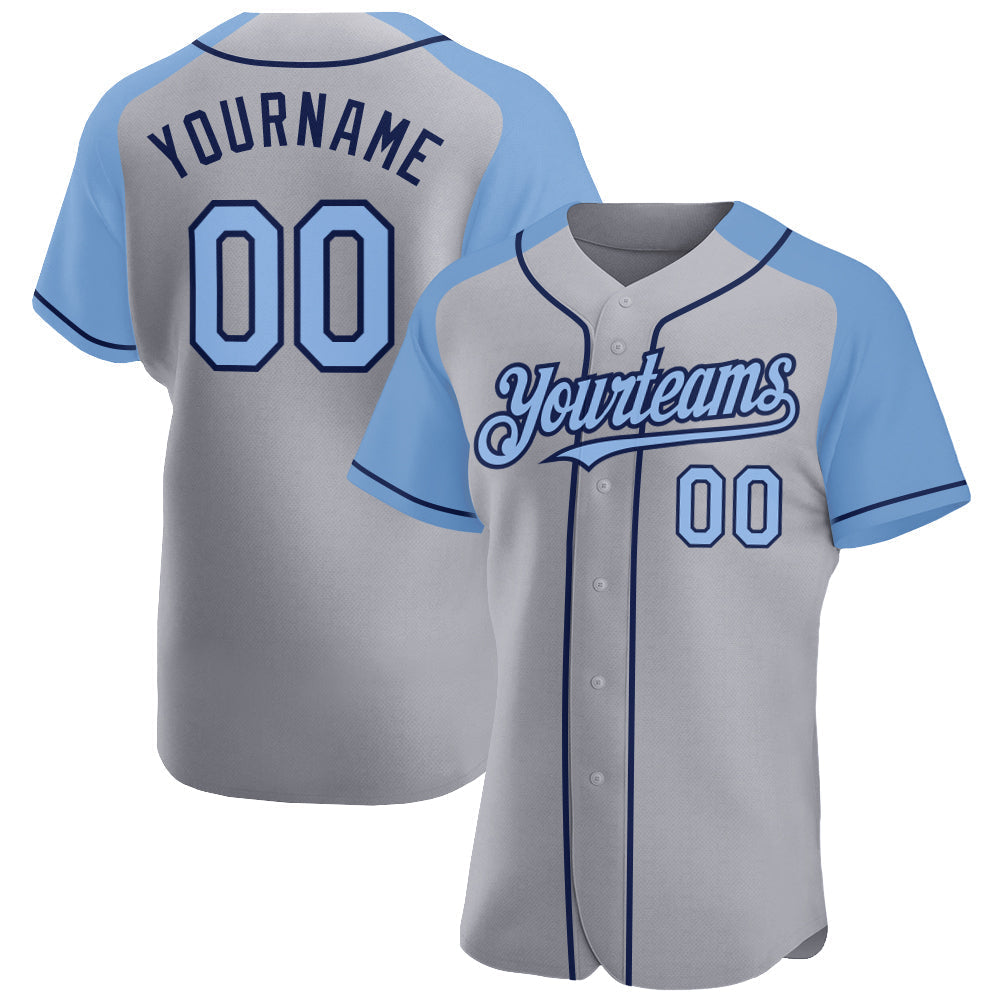 Custom Gray Light Blue-Navy Authentic Raglan Sleeves Baseball Jersey baseball jersey product view 1