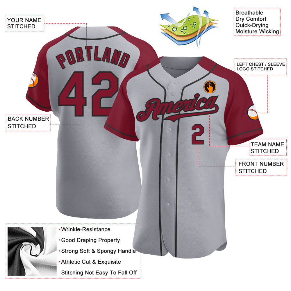 Custom Gray Crimson-Black Authentic Raglan Sleeves Baseball Jersey baseball jersey product view 3