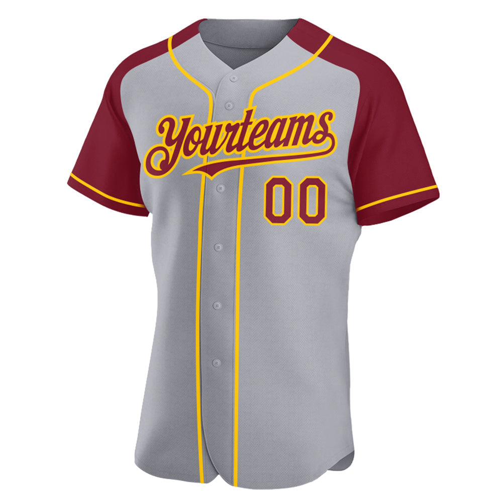 Custom Gray Crimson-Yellow Authentic Raglan Sleeves Baseball Jersey baseball jersey product view 2