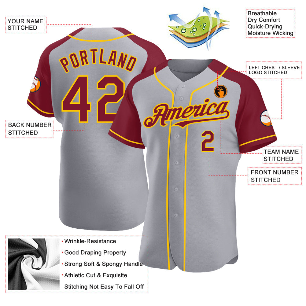 Custom Gray Crimson-Yellow Authentic Raglan Sleeves Baseball Jersey baseball jersey product view 3